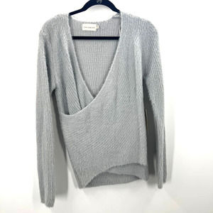 Dreamers Open Front Light Gray Fuzzy Knit Sweater Faux Wrap Women's Medium NWT